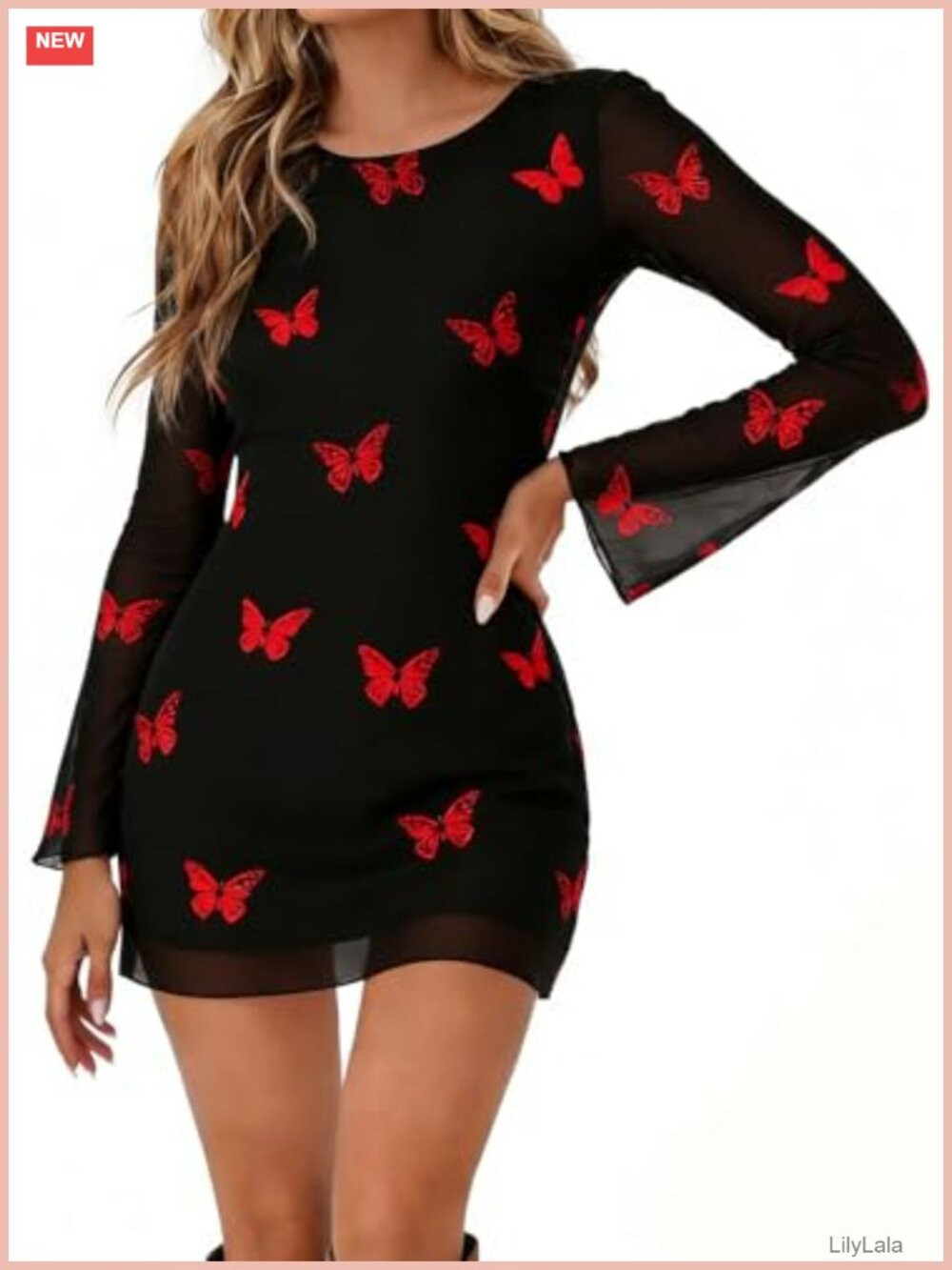 Sheer Mesh Bodycon Mini Dress Bell Sleeve Y2K Party Night Out